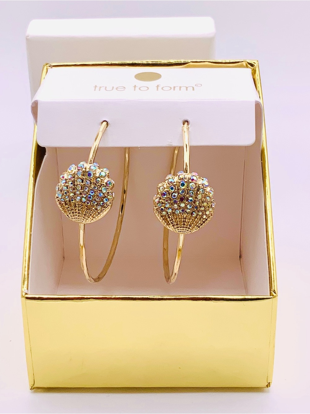 True to Form Gold Hoop Earrings with Iridescent Crystal Shell Accents